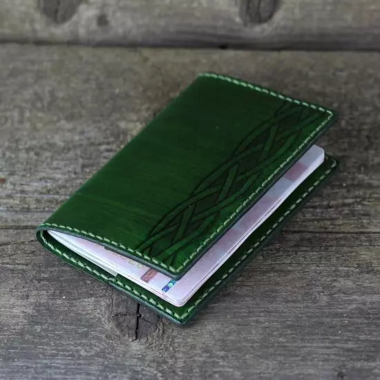 Leather passport cover with Celtic knot, Viking accessories, green id holder.