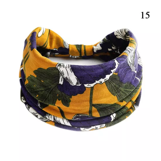 Women Boho Flower Print Wide Headband Vintage Knot Elastic Turban Headwrap *