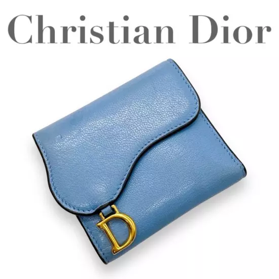 Christian Dior Trifold Wallet Saddle Blue Leather Italy excellent free shipping