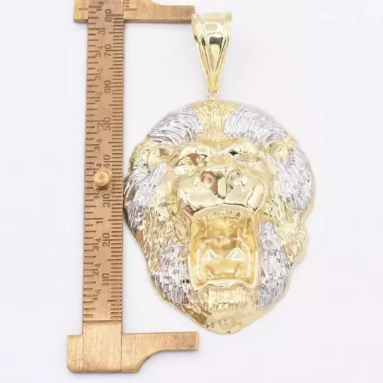 3" Roaring Lion Head Two-Tone Diamond Cut Pendant Real 10K Yellow White Gold