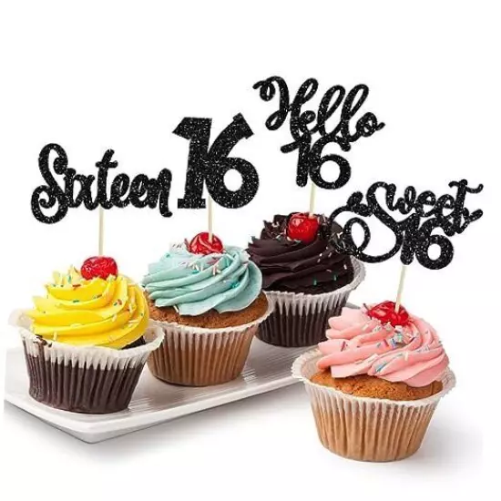 24Pcs Sixteen Years Birthday Cupcake Toppers Glitter Hello Black Style 4-24Pcs