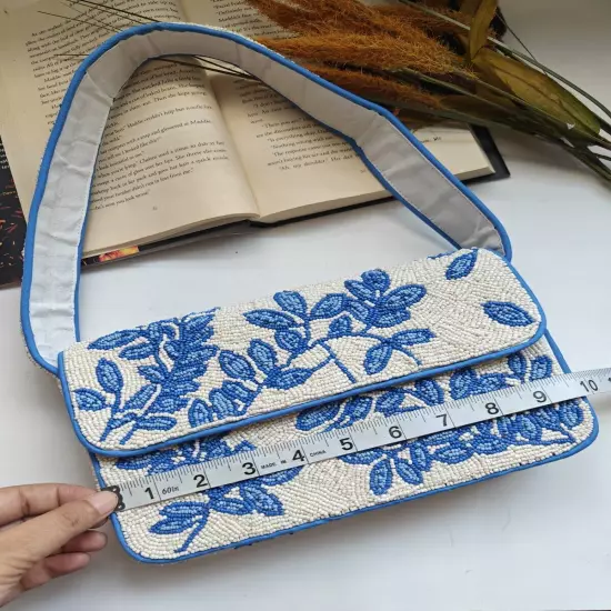 Handmade Blue White Floral Beaded Shoulder Bag