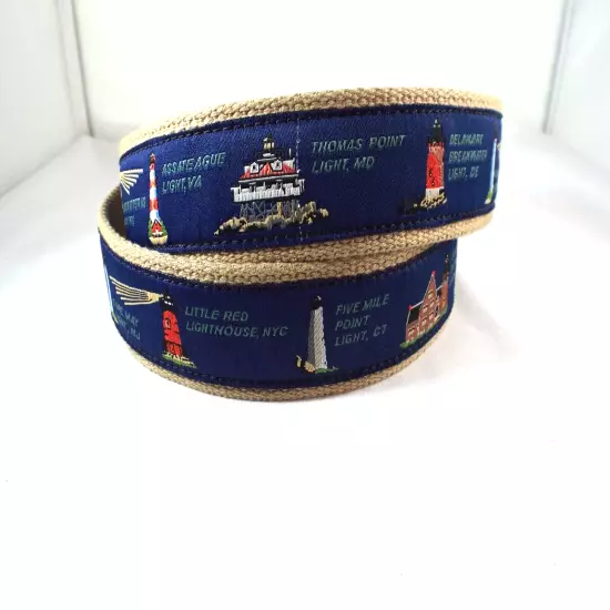 EUC The Belted Cow Co. East Coast Lighthouse Leather/Cotton 1 3/8" Belt Sz 36