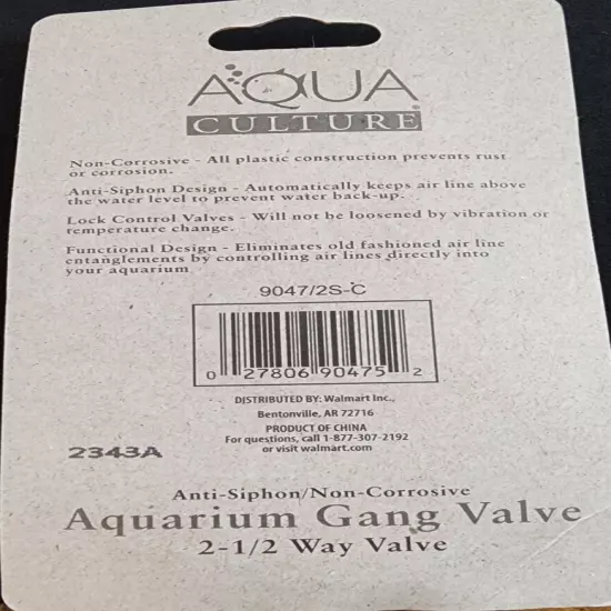 Aqua Culture Aquarium Gang Valve 2-1/2 Way Valve New Sealed Package Fishtank