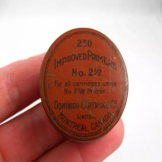 ANTIQUE IMPROVED PRIMERS NO. 2 1/2 DOMINION CARTRIDGE CO. MONTREAL CANADA TIN