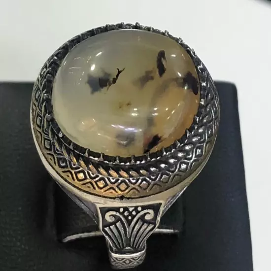 Agate Ring Men Silver 925,Yemen,Aqeeq,Rare,Royal,Luxuryخاتم عقيق يمني طحلبي