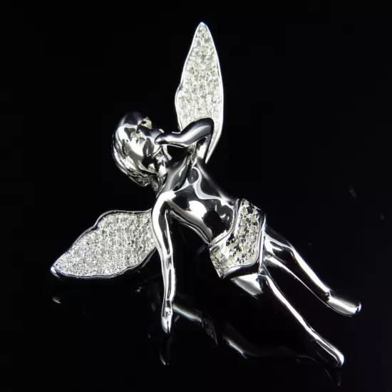 New White Gold Finish Real Diamond Mini 3d Angel Pendant Charm .50 Ct 1.4 Inch