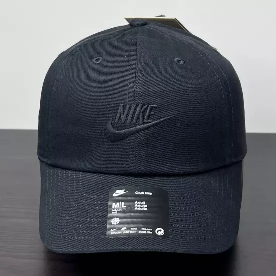 NEW! Nike Club Hat Cap Adult Adjustable M/L Black Blackout Logo Golf Unisex