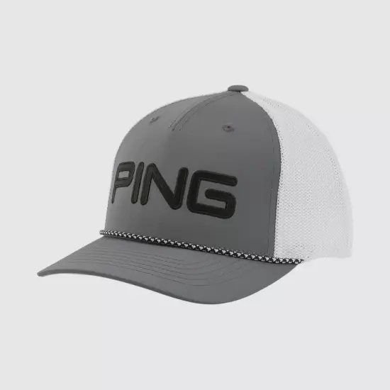 PING Rope Mesh Golf Hat White and Gray Flexfit Tech Moisture Wicking Sensor Cool