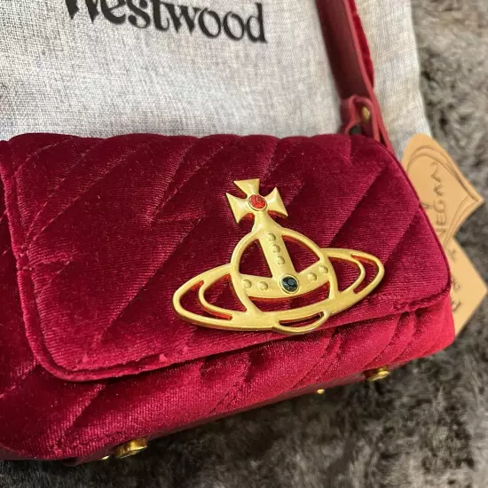 VIVIENNE WESTWOOD Nana Burgundy Velvet Hazel Quilted Clutch Purse Crossbody Bag