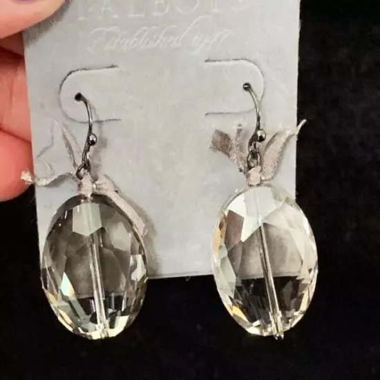 TALBOTS NWT Large Oval Faceted Smoke Crystal Drop Pierced Earrings 1.5" L