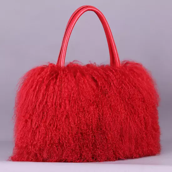 FINILUO Real Long Lamb Fur/Mongolian Fur with Genuine Leather Handles Handbag