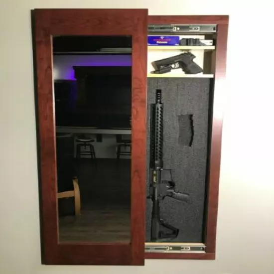  Hidden storage mirror, In-wall gun safe concealment cabinet - RED MAHOGANY