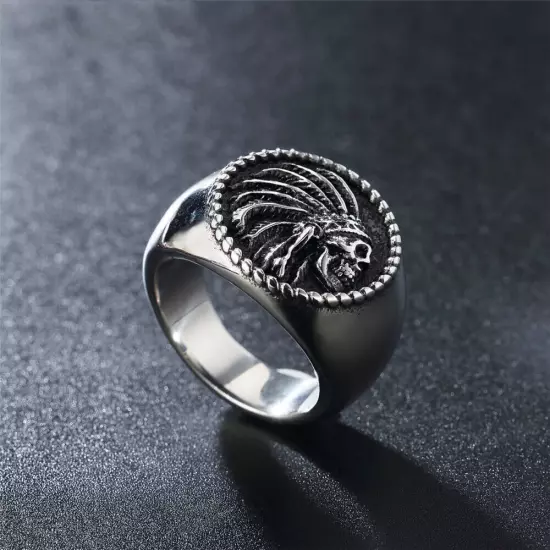 Gothic Indian Tribal Chief Skull Ring Stainless Steel Feather Skull Biker Ring