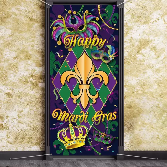 Mardi Gras Carnival Door Cover, Large Fabric Happy Mardi Gras Sign Party Door...