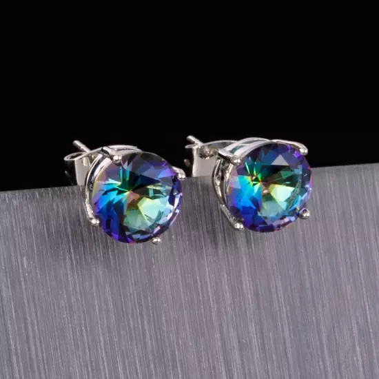 8mm Round Blue Rainbow Mystic Topaz Silver Jewelry Stud Pierced Earrings