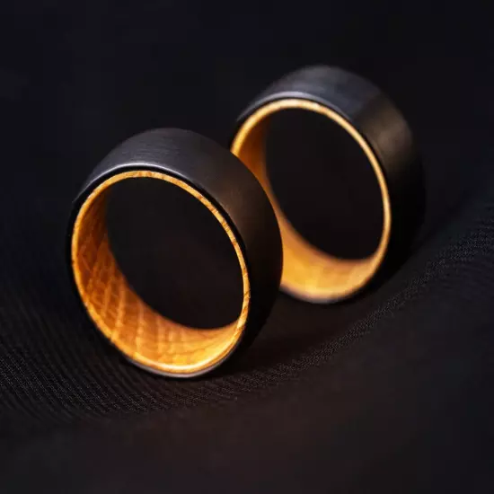 Whiskey Barrel Ring Tungsten Black Plain Wood Inside Wedding Band Ring for Men