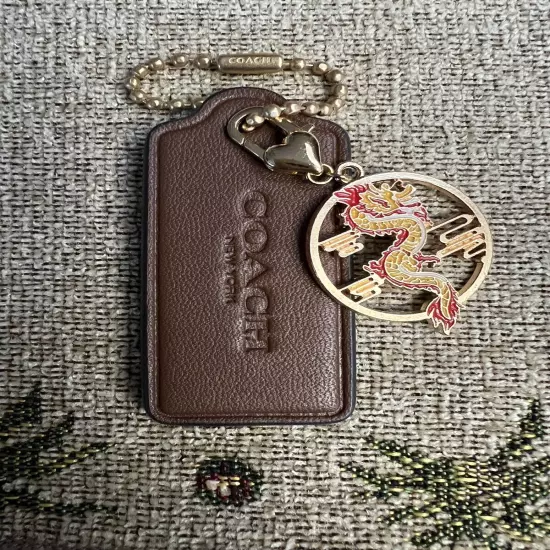 Genuine Coach 2.25” Brown Leather HangTag Lunar New Year Dragon Gold Tone Charm