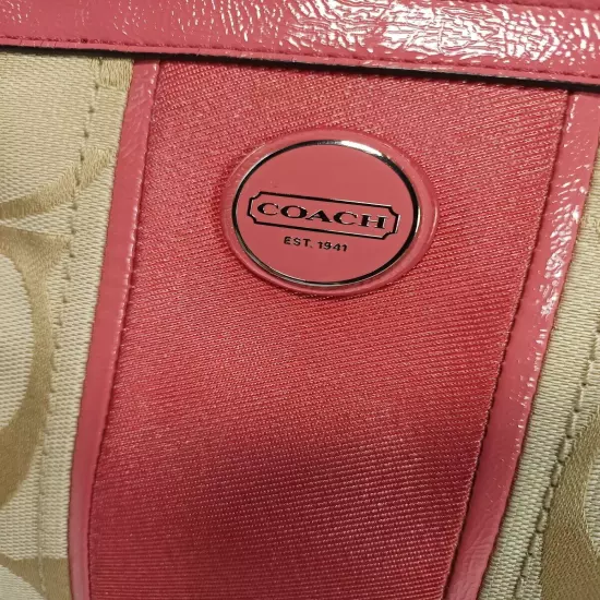 Coach Shopper Medium Pink Khaki Tote Purse Signature Stripe Canvas Patent Leathe