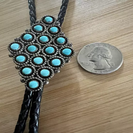 Bernal NATEWA Zuni Snake Eye Cluster Turquoise Sterling Bolo Tie & Matching Tips