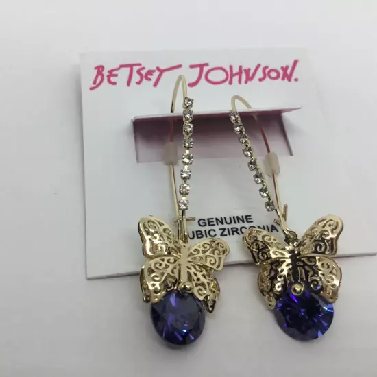 Betsey Johnson Filigree Butterfly Earrings Gold Tone Blue Cubic Zirconia NEW