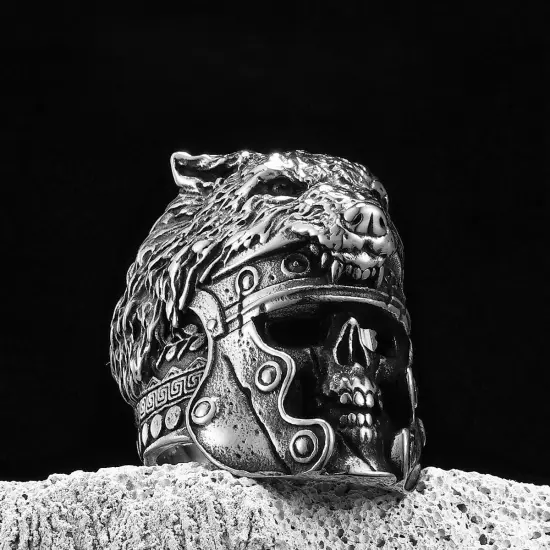 Gladiator Wolf warrior Skull Spartan Helmet Silver Punk Mens Viking Biker Ring