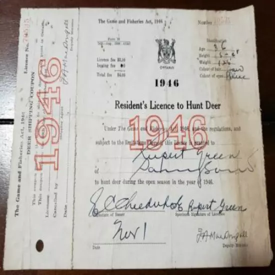 1946 Ontario Deer Hunting License + tag - Lands & Forests Game Fisheries L&F MNR