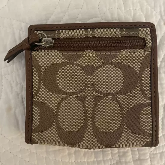 COACH Brown Signature Fabric Leather Trim Small Compact Bifold Wallet