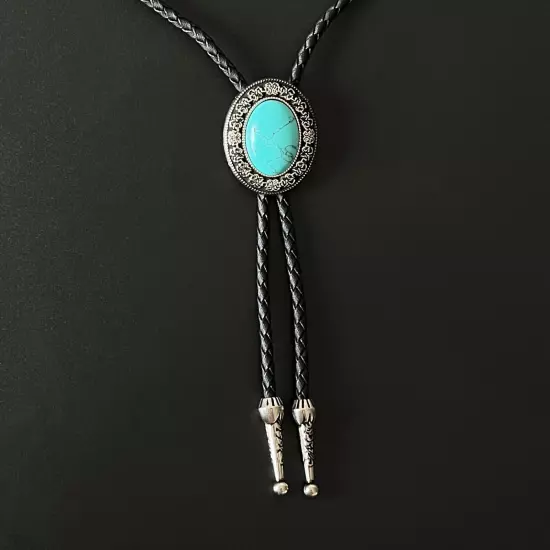 Natural Turquois Bolo Tie Western Carved Pattern Alloy PU Rope Wedding Necklace