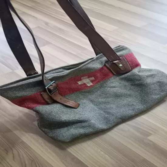 Swiss travel, shopping bag made of army blanket and leather belts