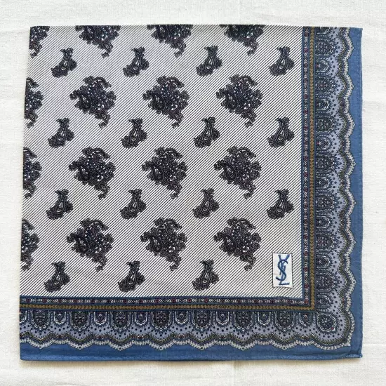 Vintage Handkerchief Gray Blue Cotton Paisley Pattern Classic Pocket Square 18"