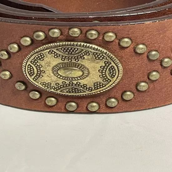 Brown Leather Studded Conch Western Belt Size 40”-42” Wide2” Heavy 10.8 Oz