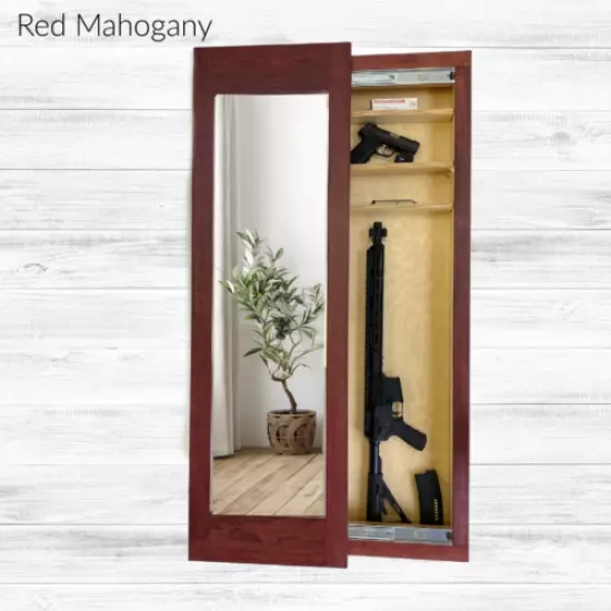  Hidden storage mirror, In-wall gun safe concealment cabinet - RED MAHOGANY