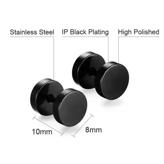 Stainless Steel Pair Black Flat Round Barbell Plug Stud Earrings Mens Gym 14-3mm