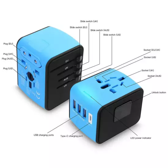 International Universal Travel Adapter 3 USB Type-C Converter Power Plug Charger