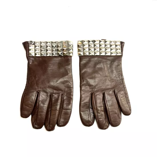 Michael Kors Brown Leather Stud Embellished Gloves Women Size M