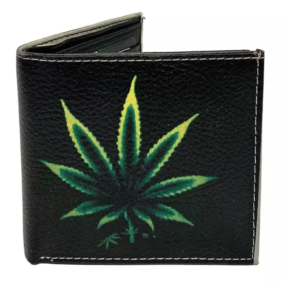 Weed Leaf Wallet Bi-Fold Faux Leather 6 Credit Card Slots & Window Flap