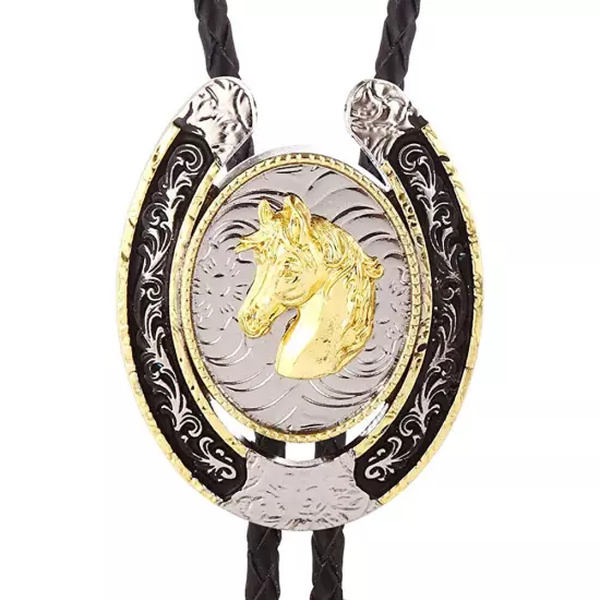 Bolo Tie for Men- Western Cowboy Native American Golden Horse Leather Necktie