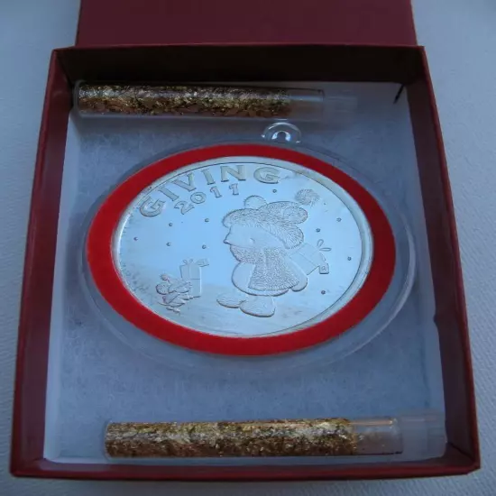 1-OZ 2011 CHRISTMAS TOO CUTE GIFT GIVING ENGRAVABLE.999 SILVER COIN+GOLD