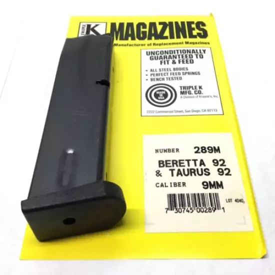 New Beretta 92 & Taurus 92 Triple K 9mm 10 Round Pistol Magazine # 289M