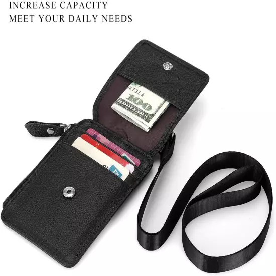 HAWEE Badge Holder with Zipper Genuine Leather RFID Keychain Wallet Neck Lanyard