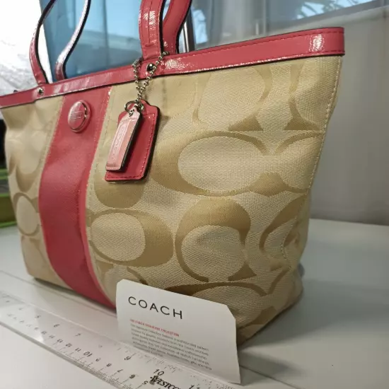 Coach Shopper Medium Pink Khaki Tote Purse Signature Stripe Canvas Patent Leathe