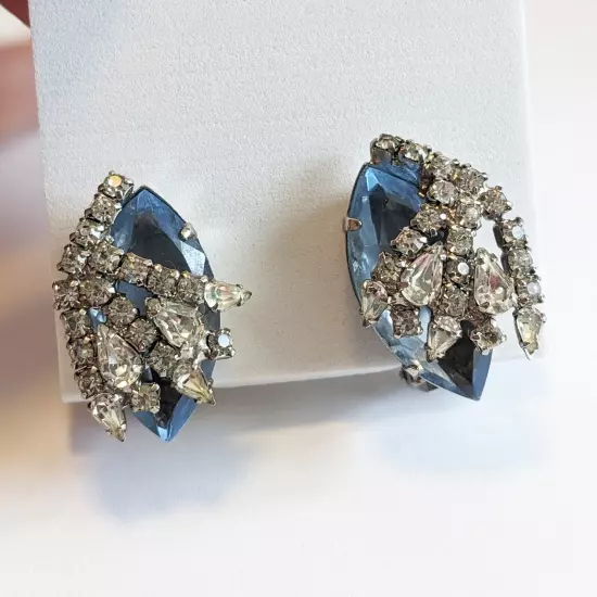 Huge Unique Vintage Rhinestone Earrings Clear Rhinestones over large blue stone