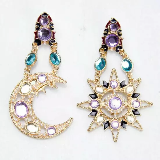 Boho Gold Star Sun Moon Crystal Rhinestone Drop Dangle Stud Earrings Jewelry Set