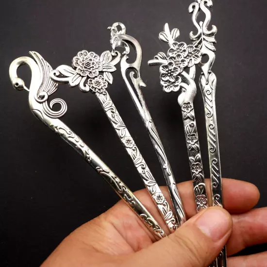 5 Pcs Tibet Silver Metal Hair Forks Traditional Hair Stick Chopstick Chignon Pin