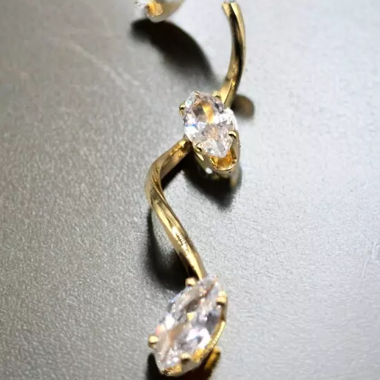 Pierced Sparkly Shimmering Rhinestones Leaf Shaped Dangle Earrings Gold Tone