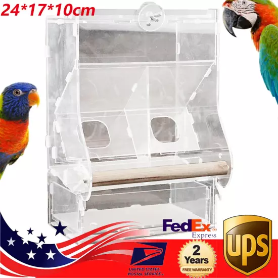 Clear Acrylic Bird Cage Feeder Double Hopper Wood Perches Automatic Feeder USA