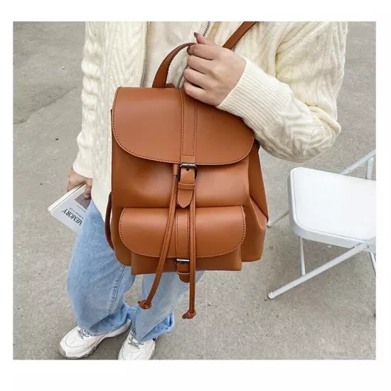 Women Drawstring Backpack PU Leather School Bags Belt Backpacks Ladies