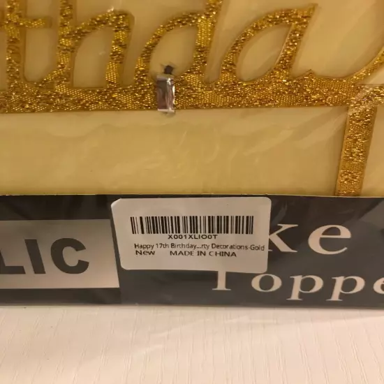 NEW Acrylic Gold Glitter Happy 17th Birthday Cake Topper- 5” Tall