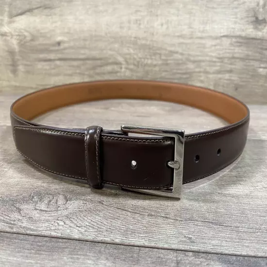 Brooks Brothers Silver Color Buckle Leather Belt Brown Size 34 Made In Italy